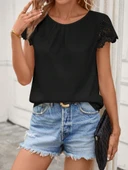 Lucky Life Kadın Kısa Dantel Kollu Bisiklet Yaka Sandy Bluz thumbnail 4