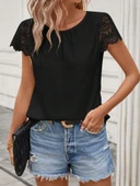 Lucky Life Kadın Kısa Dantel Kollu Bisiklet Yaka Sandy Bluz thumbnail 2