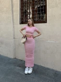 Çizgili etekli takım pembe s3609 - 1