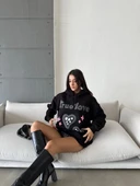 3 iplik şardonlu oversize compact true baskılı sweat siyah - 3