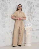 Kuşaklı gömlek yaka salaş tulum bej s255822 - 1