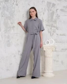 Kuşaklı gömlek yaka salaş tulum gri s255822 - 4