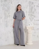 Kuşaklı gömlek yaka salaş tulum gri s255822 - 3