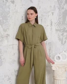 Kuşaklı gömlek yaka salaş tulum haki s255822 - 2