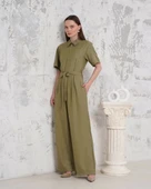 Kuşaklı gömlek yaka salaş tulum haki s255822 - 5