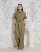 Kuşaklı gömlek yaka salaş tulum haki s255822 - 6