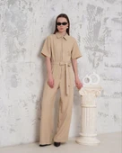 Kuşaklı gömlek yaka salaş tulum bej s255822 - 2