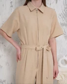 Kuşaklı gömlek yaka salaş tulum bej s255822 - 5