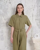 Kuşaklı gömlek yaka salaş tulum haki s255822 - 5