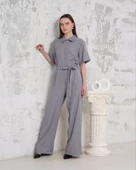 Kuşaklı gömlek yaka salaş tulum gri s255822 - 4