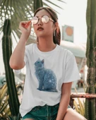 Kadın Tişört  Mavi Kristal Kedi Baskılı - 2