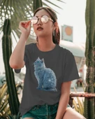 Kadın Tişört  Mavi Kristal Kedi Baskılı - 3