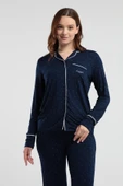 Pierre Cardin 8986 Kadın Lacivert Gömlek Yaka Önden Düğmeli Cepli Pijama Takım - 2