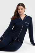 Pierre Cardin 8986 Kadın Lacivert Gömlek Yaka Önden Düğmeli Cepli Pijama Takım - 3