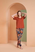 Pjs Kadın Kiremit Desenli V Yaka Kısa Kollu Pijama Takım - 1