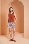 Pjs Kadın Desenli Kiremit V Yaka Sıfır Kol Şortlu Pijama Takım - 1