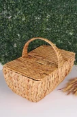 El Yapımı Su Sümbülü Kapaklı Büyük Boy Hasır Örme Piknik Sepeti Dikdörtgen - 46X30cm - 1