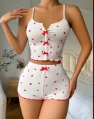 Kadın Beyaz Kalpli Askılı Şortlu Pijama Takım 6655 - 4