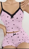 Kadın Pembe Kalp Desenli Askılı Şortlu Pijama Takım 6647 - 2
