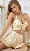 Kadın Çiçekli Ekru Askılı Şortlu Pijama Takım 6646 - 1