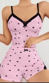 Kadın Pembe Kalp Desenli Askılı Şortlu Pijama Takım 6647 - 1