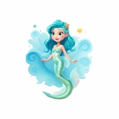 Dalgalı Mavi Saçlı Deniz Kızı Duvar Sticker'ı thumbnail 1