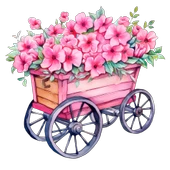 Pembe Çiçekli Ahşap Görünümlü El Arabası Duvar Sticker'ı thumbnail 2