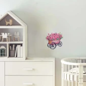 Pembe Çiçekli Ahşap Görünümlü El Arabası Duvar Sticker'ı thumbnail 1