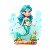 Mavi Saçlı Deniz Kızı ve Deniz Canlıları Duvar Sticker'ı thumbnail 1