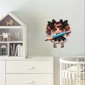 Siyah Kurdeleli Kız ve Mavi Kalem Duvar Stickerı thumbnail 2