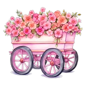 Açık Pembe Çiçekli ve Pembe Tekerlekli El Arabası Duvar Sticker'ı - 2