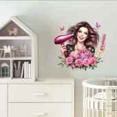 Pembe Güllü ve Kelebekli Kuaför Kız Duvar Stickerı thumbnail 2
