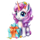 Mavi Hediyeli ve Mor Yeleli Tek Boynuzlu At Duvar Stickerı thumbnail 2