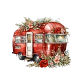 Çiçek ve Yeşillik Süslemeli Kırmızı Karavan Duvar Çıkartması - 2