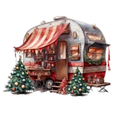 Kırmızı-Beyaz Çizgili Tenteli ve Noel Ağaçlı Karavan Duvar Çıkartması thumbnail 2