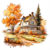 Yemyeşil ve Turuncu Ağaçlı Sonbahar Evi Duvar Stickerı thumbnail 2