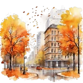 Şehir Sokağı ve Turuncu Yapraklı Ağaçlar Duvar Stickerı thumbnail 2