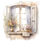 Çiçekli Vazo ve Perde Detaylı Pencere Duvar Stickerı thumbnail 2