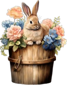 Mavi ve Turuncu Çiçekli Kovada Tavşan Duvar Stickerı thumbnail 2