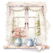 Pembe Çiçekli Vazolar ve Perde Detaylı Pencere Duvar Stickerı thumbnail 2