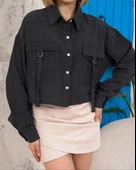 Kemer cepli keten crop gömlek siyah s255350 - 1