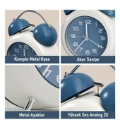 Valkyrie Akar Saniyeli Analog Yüksek Sesli Şirin Masa Saati Alarmlı Işıklı Dakik  Çift Çanlı Mavi - 3