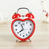 Valkyrie Akar Saniyeli Kalp Şeklinde Analog Çalar Saat Kalpli Alarmlı Yüksek Zil Sesli Işıklı Masa Saati Kırmızı - 1