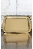 Urfakent Dekoratif İşlemeli Desenli Gold Kare Sunum Tepsi söz nişan tepsisi 38x24 cm - 1