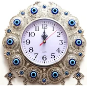 Nazar Boncuklu Gümüş Kaplama Solmaz Kararmaz Duvar Saati - 2