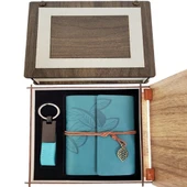 Özel Ahşap Kutulu Mavi Deri Defter Ve Anahtarlık Set - 1