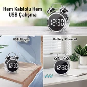 Valkyrie LED Ekranlı Analog Alarmlı Masa Saati Çalar Saat Pil Dereceli Çift Alarmlı Dijital Saat Gümüş - 7