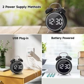 Valkyrie LED Ekranlı Analog Alarmlı Masa Saati Çalar Saat Pil Dereceli Çift Alarmlı Dijital Saat Siyah - 8