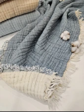 Denim Mavi 7 Katlı Çift Taraflı Dolgulu Müslin Bebek-Çocuk Battaniyesi Pamuk 110X110 cm - 1