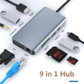 Type-C 9in1 4K Hdmi Vga Rj45 Micro SD TF 3.5mm 2xUsb Şarj Çevirici Hub - 2